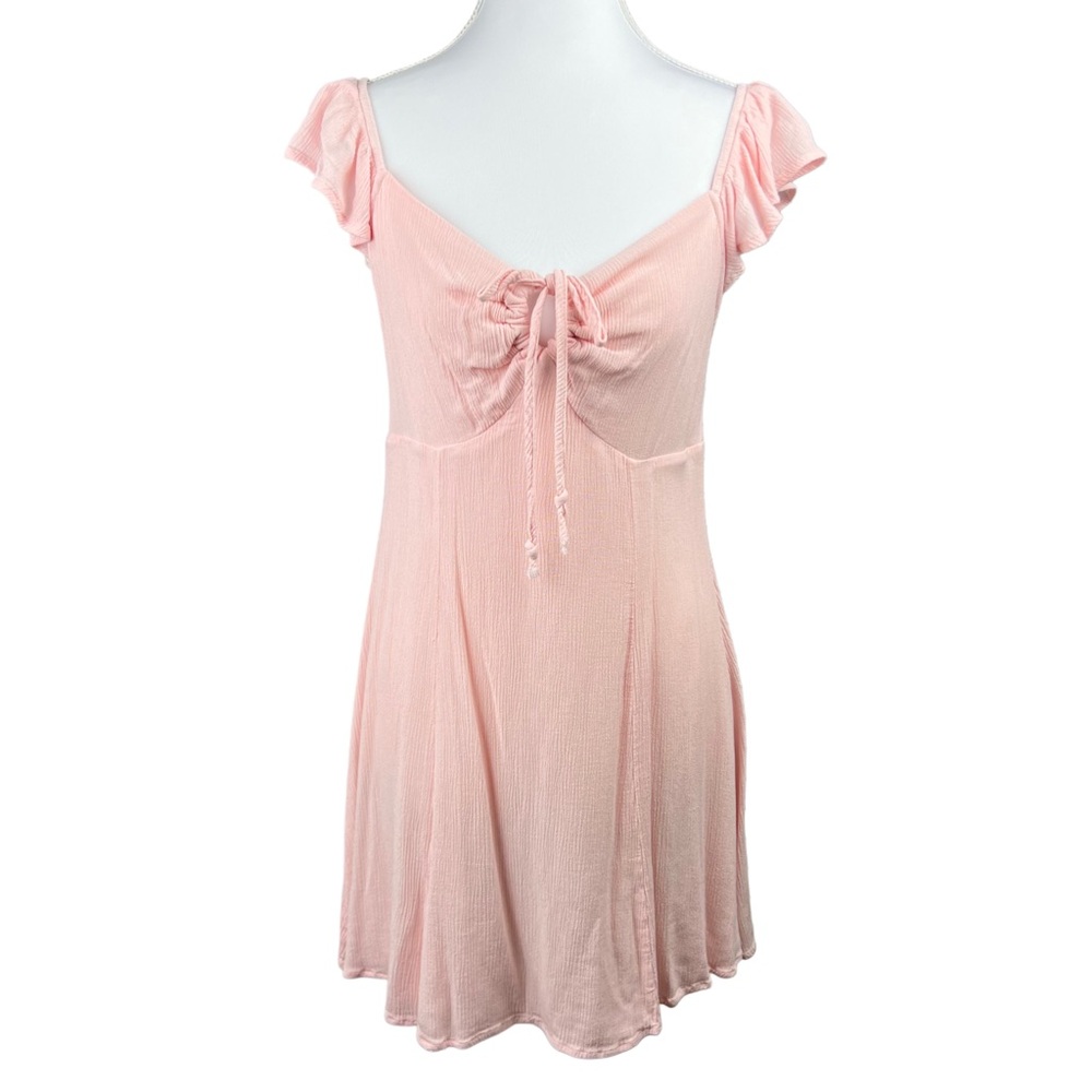 PacSun LA Hearts Size Large Keyhole Babydoll Mini Dress Pink Ruched Tie Front - Picture 2 of 7